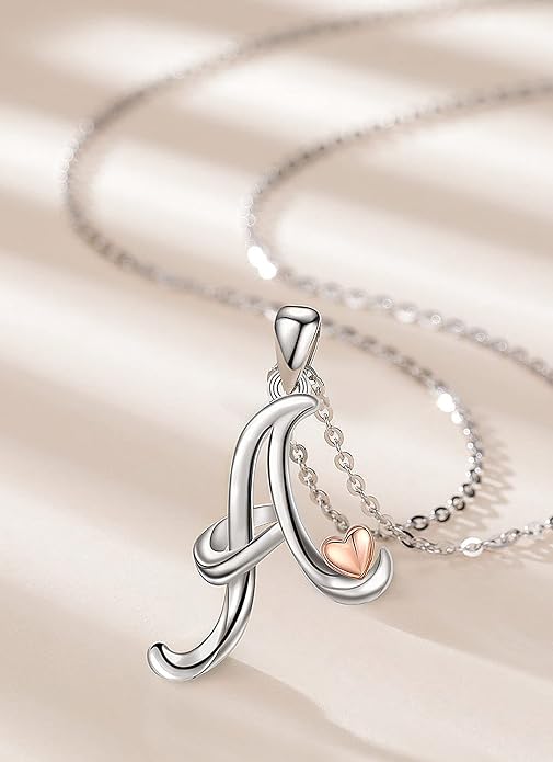 CELESTIA 925 Sterling Silver Initial Necklaces 26 Letter with Rose Gold Heart - 18 Inch Chain