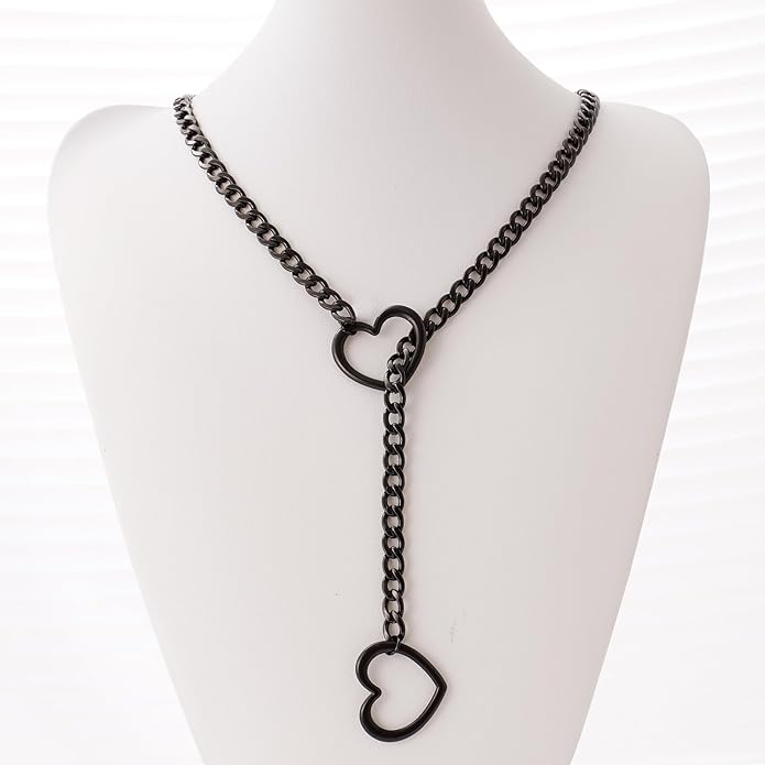 Heart Slip Chain Necklaces for Women,Stainless Steel O-Ring Adjustable Lariat Y-Necklace,Punk Gothic Cuban Collar Choker Necklace for women