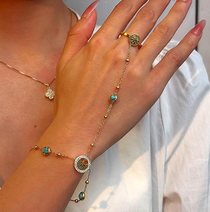 KROSS KULTURE 18K Gold Tree of Life Charm Hand Chain Finger Ring Bracelet with Turquoise Gemstones, Adjustable Dainty Waterproof Hypoallergenic Stainless Steel Fashion Jewelry Gift for Her