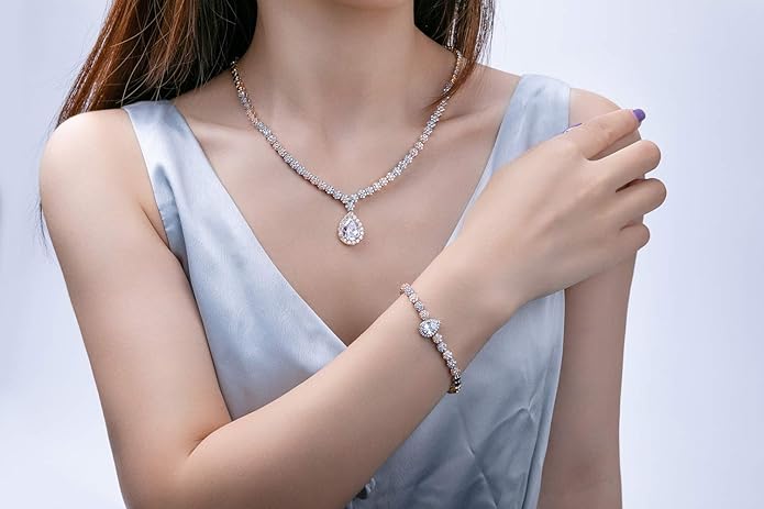 Hadskiss Jewelry Set for Women, Necklace Dangle Earrings Bracelet Set with White AAA Cubic Zirconia, Allergy Free Wedding Party Jewelry for Bridal Bridesmaid
