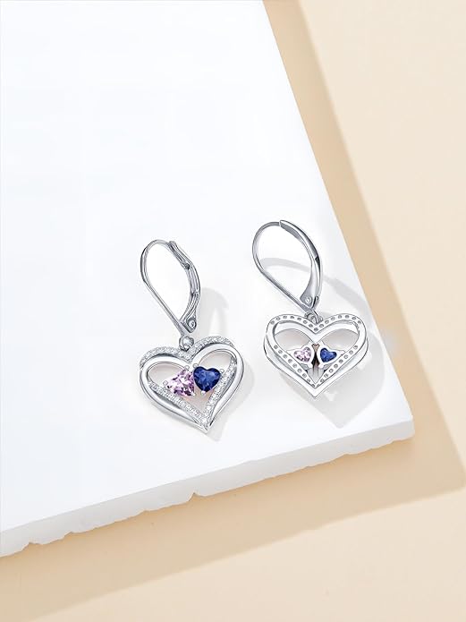Valentines Day Gifts for Women, Heart Leverback Earrings Double Birthstone Dangle Earrings for Women, Love Jewelry for Her, Anniversary Birthday Gift for Mom Wife Girlfriend