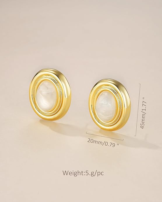 18K gold plated Medium Oval Button Chunky Statement Earrings for Women by SNGIA, (Turquoise, Carnelian, Aventurine, Amethyst, Malachite, Cat Eye, White, Cream) Bold Handmade Colored (Red, Blue, Green, White, Cream, Purple) Exaggerated Dome Retro Rounde...