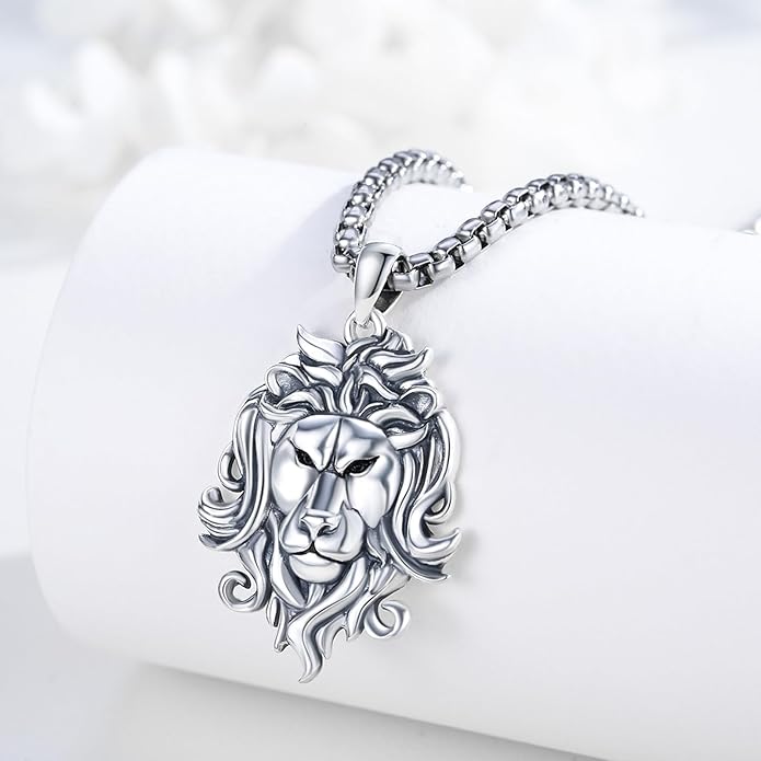Cuoka Lion Necklace for Men Women S925 Sterling Silver King Retro Punk Gothic Hip Hop Rock Animal Lion Head Pendant Charm Jewelry Chain Necklace Viking Protection Amulet Necklaces