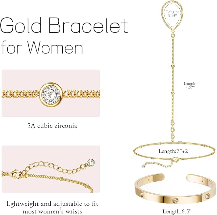 My Queen Gold Bracelets for Women 14K Gold Plated Dainty Stackable Hand Chain Bracelet Trendy Ring Chain Bangle Cuff Bracelets Adjustable Body Jewelry Set Gifts