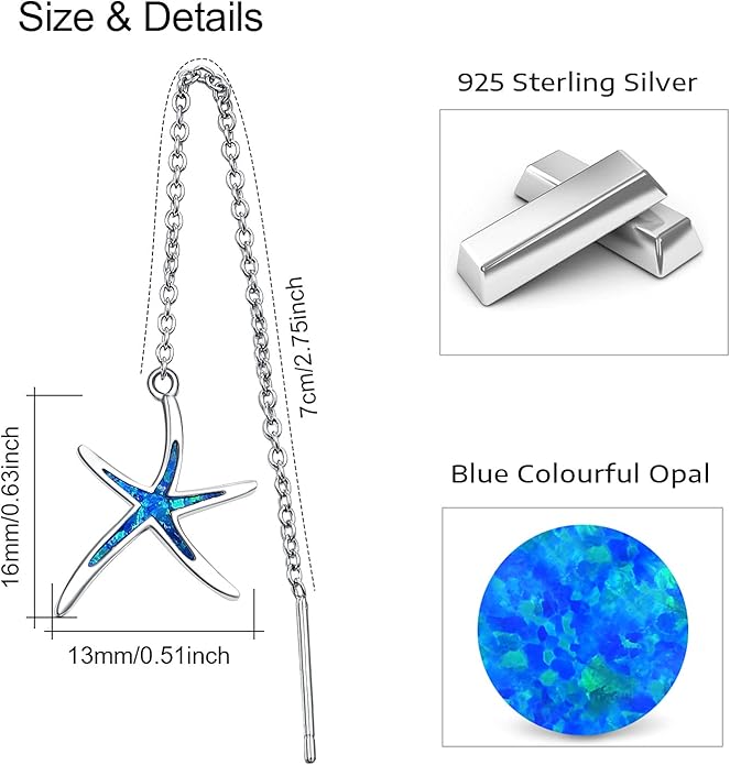 925 Sterling Silver Starfish Earrings With Opal Fish Hoops, Nautical Hawaiian Sea Beach Jewelry for Women and Starfish Lovers