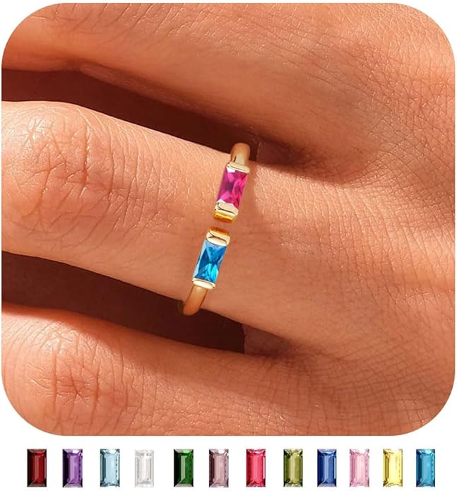 WFYOU Gold Birthstone Rings for Women - Non Tarnish Dainty 14K Gold Plated Stackable CZ Rings for Her & Couples - Personalized Jewelry Gift for Birthday