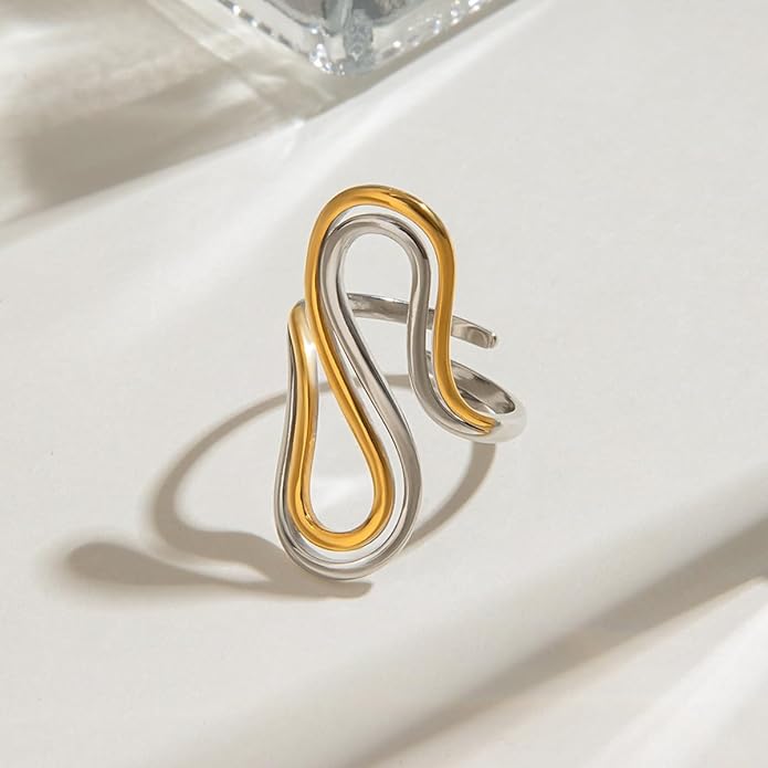 Chunky Rings For Women, Gold Silver Thumb Ring Asymmetrical Wavy Curve Ring Adjustable Non Tarnish Dainty Stainless Steel New Year Anniversary Birthday Jewelry Gift