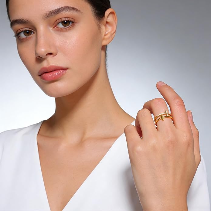 Cross Ring for Women 14 Gold Plated Hammered Texture Open Ring Size Adjustable Dainty Faith Christian Jewelry Gifts