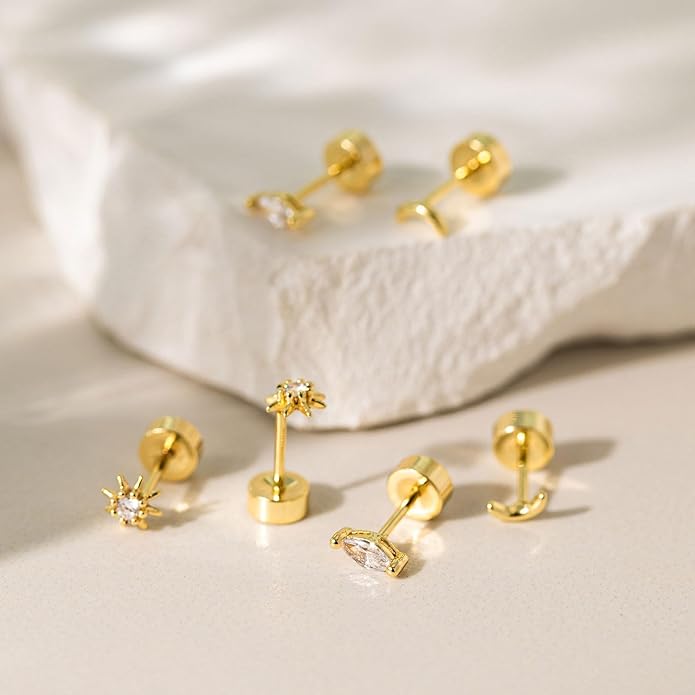 VRIUA 20G Tiny Flat Back Earrings for Women - 14K Gold/Silver Plated Small Flat Back Stud Earrings Hypoallergenic Cartilage Helix Piercing Jewelry