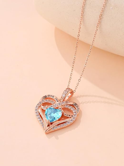 Infinity Rose Gold Valentines Heart Birthstone Necklace for Women,I Love You Always and Forever Jewelry,Valentines Anniversary Birthday Gifts for Her Wife Mom Grandma Daughter
