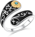 FLYOW Sterling Silver Sunflower Spoon Ring Victorian Style Boho Antique Flower Adjustable Open Ring Retro Statement Cubic Zirconial/Turquoise/Oxidized Thumb Rings for Women Birthday Christmas Jewelry