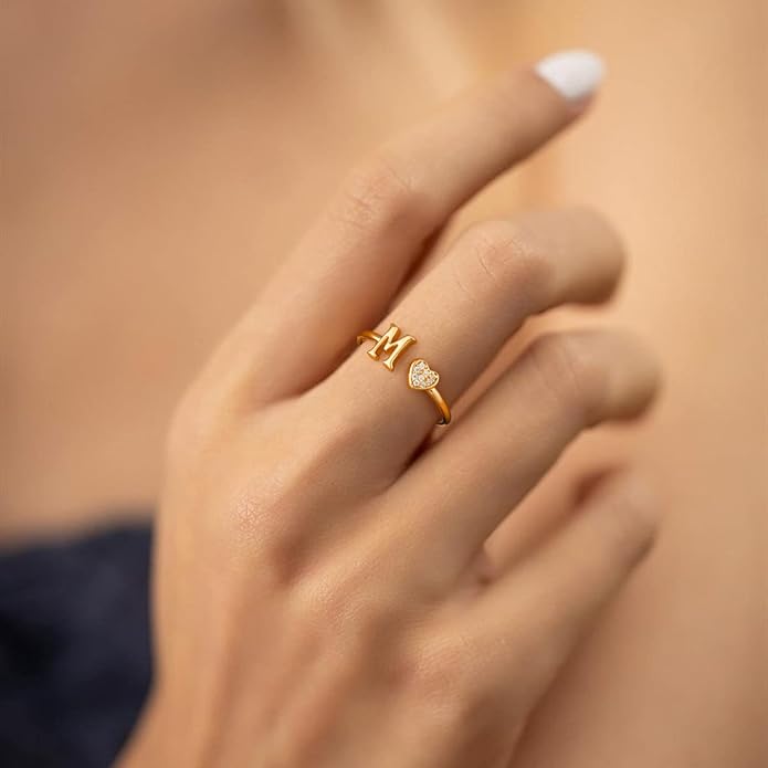 Valentines Day Gift Initial Rings for Teen Girls - S925 Heart Sterling Silver Rings for Teen Girls | 14K Gold/Rose Gold/Sterling Silver Plated Ring for Girls Kids Women Ring for Teenager Girls Gifts Adjustable, No Tarnish, Hypoallergenic