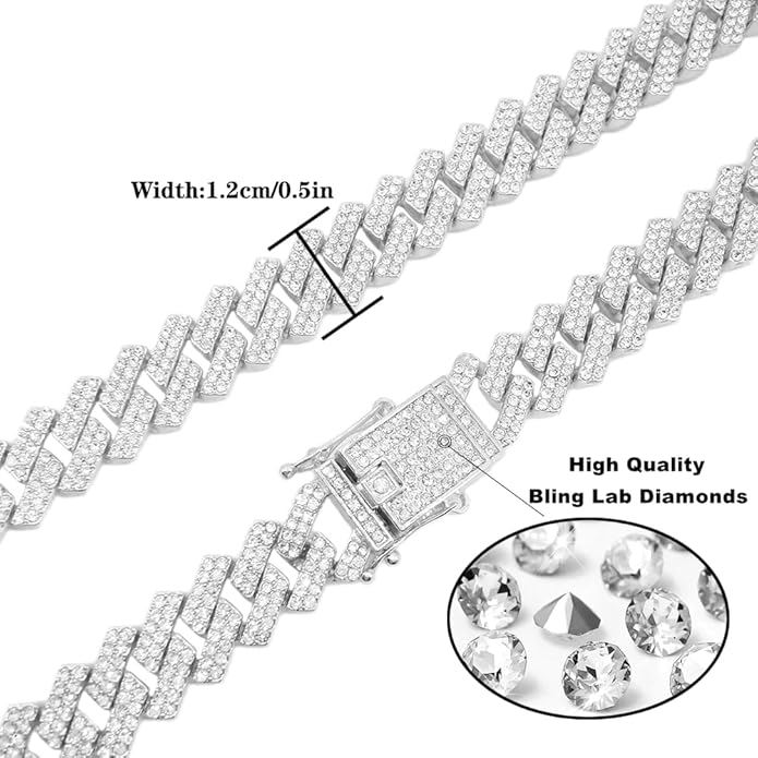 HH BLING EMPIRE 14k Gold/Silver Cuban Link Chain for Women Iced Out Diamond Chunky Cuban Link Necklace Chain Bracelet 2pcs Sets
