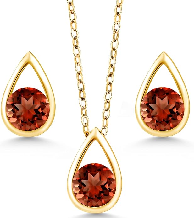 Gem Stone King 18K Yellow Gold Plated Silver 5MM Round Gemstone Birthstone Teardrop Pendant Earrings Set | Jewelry Set for Women | With 18 Inch Chain