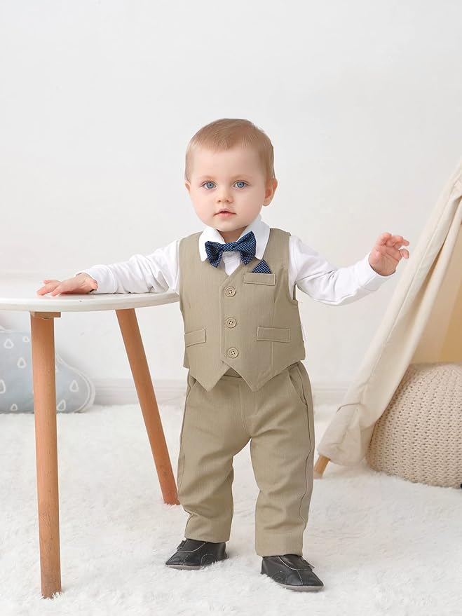 DISAUR Baby Boy Clothes Toddler Boy Outfits 4PCS Gentleman Dress Romper/Vest/Pants/Bow Tie Cotton Suit Sets