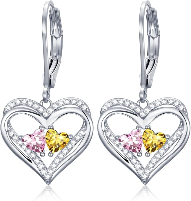 Valentines Day Gifts for Women, Heart Leverback Earrings Double Birthstone Dangle Earrings for Women, Love Jewelry for Her, Anniversary Birthday Gift for Mom Wife Girlfriend