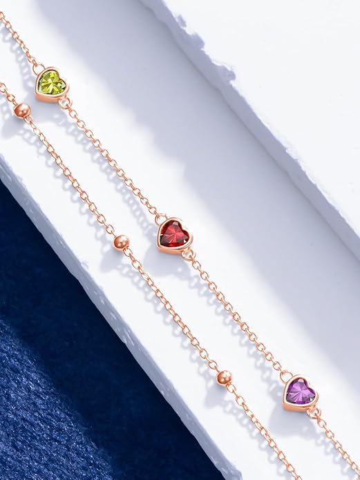 Birthstone Anklet/Bracelets for Women 925 Sterling Silver Charm Link Double Strand Heart Birthstone Jewelry Gift for Wife Women Mother's Day Gift
