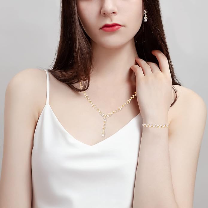 Bridal Wedding Jewelry CZ Set Marquise Teardrop Cubic Zirconia Pendant Necklace and Dangle Earring Bracelet Sets for Women
