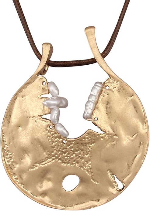 GelConnie Leather Necklace for Women Large Pendant Long Brown Necklace Circle Leather Choker Vintage Sweater Necklace Gold Chunky Boho Necklaces for Women