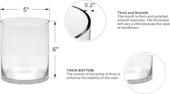 5" Wide 6" High Large Hand Blown Sturdy Clear Cylinder Glass Vase, Centerpiece - Image 2