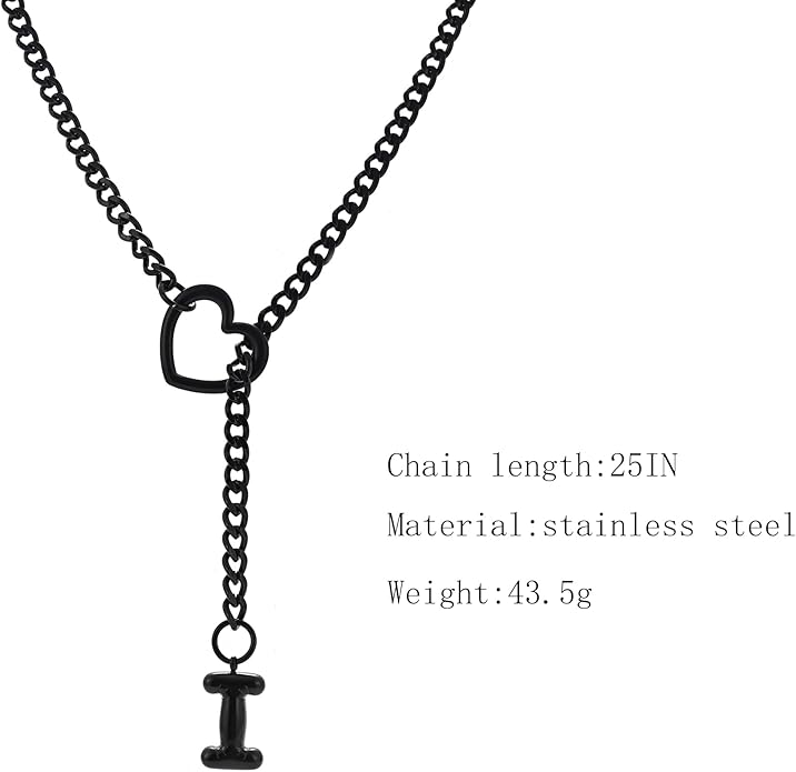 Black Heart Slip Chain Initial Necklaces for Women,Stainless Steel O-Ring Adjustable Lariat Heart Y-Necklace,Punk Gothic Cuban Collar Choker Necklace for women