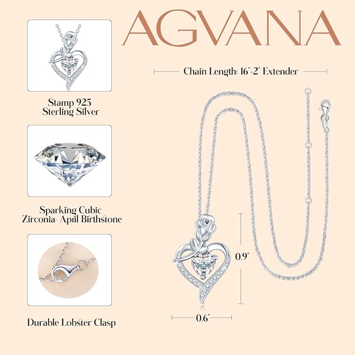 AGVANA Valentines Day Gifts Rosy Reverie Birthstone Necklace for Women Sterling Silver Genuine or Created Gemstone Rose Flower Heart Pendant Necklace Anniversary Birthday Gifts for Women Mom Wife Her