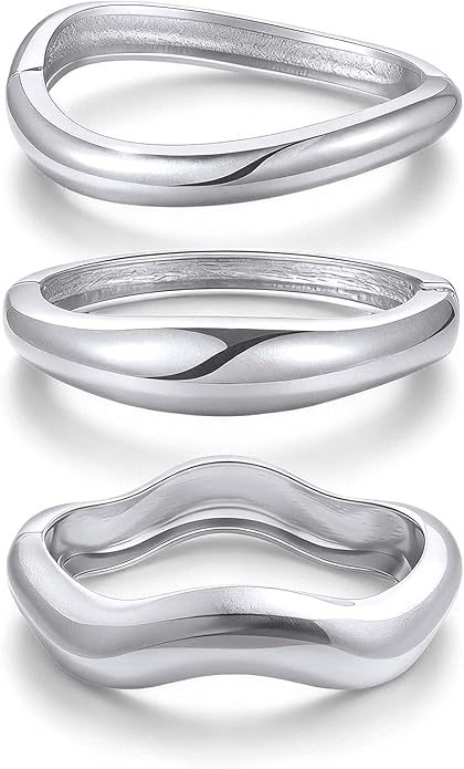 3 Pcs Gold Bangle Bracelets for Women Trendy Chunky Cuff Bracelet Silver Irregular Statement Stackable Bangle Bracelet Minimalist Cuff Jewelry for Women Gifts