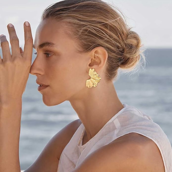 Chunky Gold Statement Earrings For Women Gold Plated Sectored Flower Leaf Shell Angel Wing Earrings Trendy Boho Jewelry For Women Large Stud Earrings Hypoallergenic Earrings