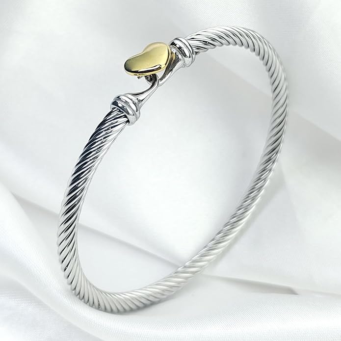 Decpro Adjustable Twist Stainless Steel Cable Bracelet with 14K Gold Plated Love Heart Charm - 4MM Open Bangle Cuff for Women & Men, Gift for Friends, Family, Valentine (6-8cm)