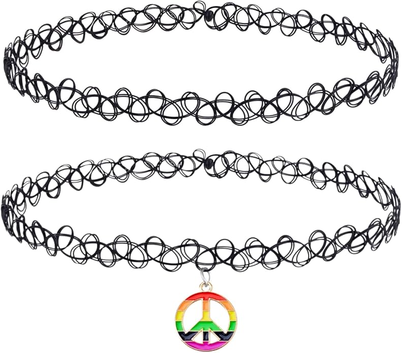 BodyJ4You 2PC Tattoo Choker Necklace - 90s Choker Necklace Women - 2000s Y2K Black Chokers Rainbow Choker - Butterfly Ying Yang Unicorn Rainbow Charms - Stretchy Elastic Necklace