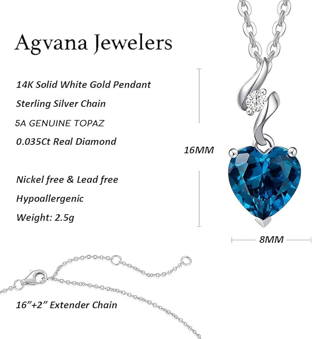 AGVANA Valentines Day Gifts 14K Solid White Gold Diamond Gemstone Pendant with Sterling Silver Chain 8mm Heart Birthstone Necklace Fine Jewelry Anniversary Birthday Gifts for Women Mom Wife
