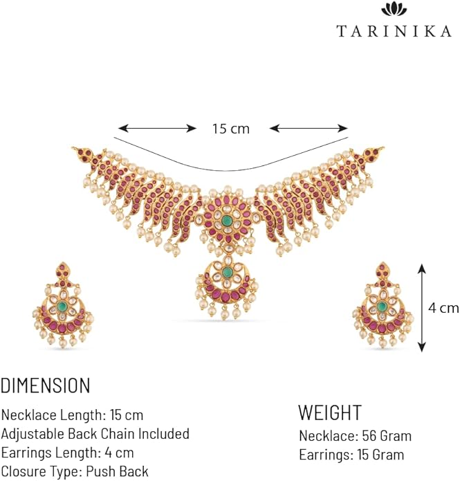 TARINIKA Brass Indian Choker Necklace Set - Gold Plated Cubic Zirconia Indian Jewelry Sets for Women Dangle, Drop, Jhumka Earrings Traditional Desi Necklace Pearls Gift for her