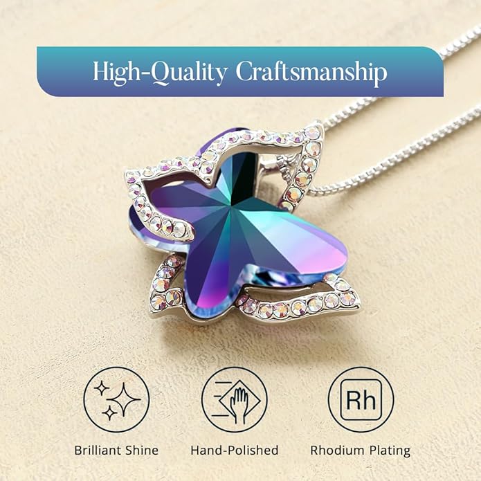 Valentine's Day Gift Butterfly Birthstone Crystal Necklace, Silver Tone with 18”+2” Chain, Necklace for Mother’s Day Anniversary Birthday Gifts for Women and Daughter