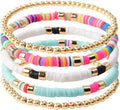 GOOJIDS Surfer Heishi Clay Bead Bracelets for Women Bohemian Stackable Gold Plated Beaded Stretch Bracelets Elastic Layering Friendship Bracelets Set Boho Jewelry