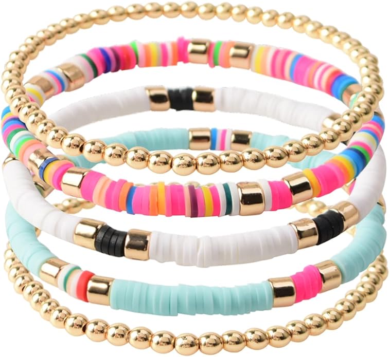GOOJIDS Surfer Heishi Clay Bead Bracelets for Women Bohemian Stackable Gold Plated Beaded Stretch Bracelets Elastic Layering Friendship Bracelets Set Boho Jewelry