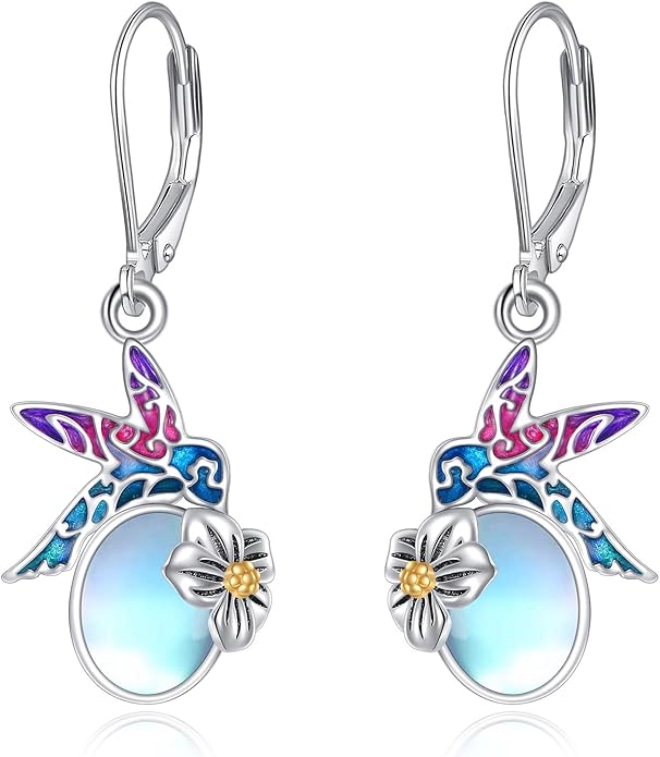 Hummingbird with Moonstone Dangle Earrings 925 Sterling Silver Hummingbird Leverback Earrings for Women