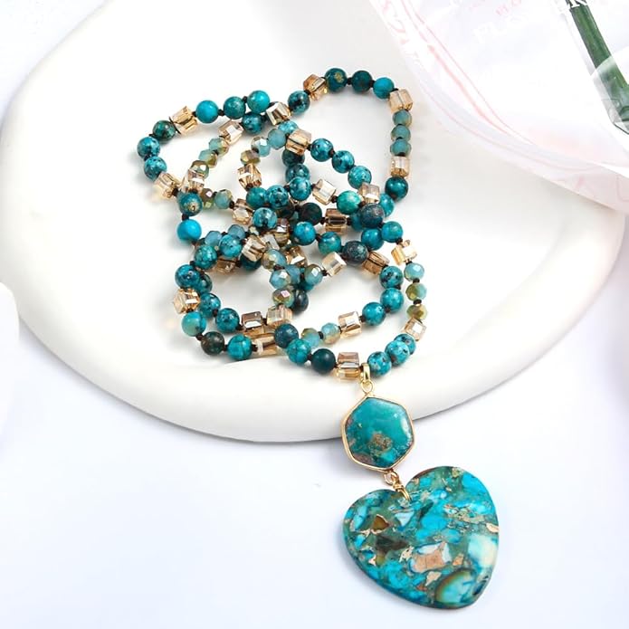 Yomisa Boho Necklaces for Women Men Long,33/34/35 Inch Natural Turquoise Tiger Eye Beaded Stone Pendant Necklaces for Women Trendy,Handmade Bohemian Western Bead Necklace Fashion Charm Jewelry Gift