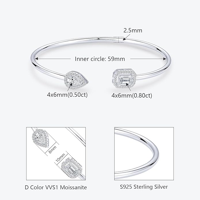 Moissanite Cuff Bangle for Women, D Color 4x6mm Emerald & Pear Moissanite, 925 Sterling Silver Dainty Bridal Cuff Bracelet, Fashion Wedding Jewelry for Her (Silver)