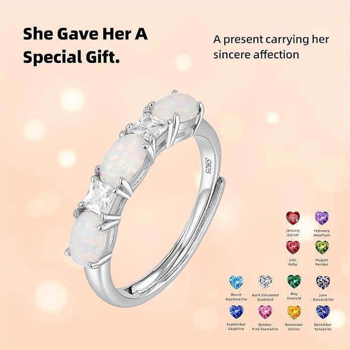 925 Sterling Silver Birthstone Rings for Women - Adjustable Size Women Jewelry Birthday Gifts for Girlfriend,Wife,Mom