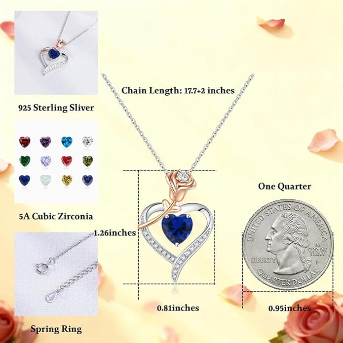 immobird Rose Gold Heart Necklace Birthstone Jewelry Sterling Silver Jewelry Plated White Gold Valentine's Day Gift Women for Wife Mom Necklace for Women