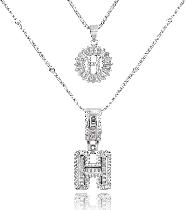 Initial Letter Necklace for Women 14k White Gold Silver Plated Dainty Necklaces Trendy Chunky Custom Layered Necklace Set Personalized Round Circle Zirconia A-Z Letter Chain Pendant Jewelry Gift