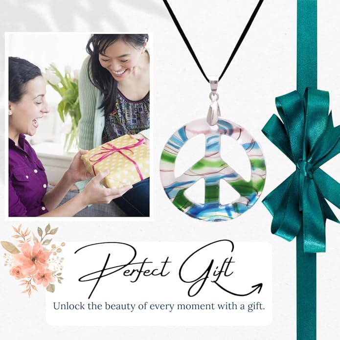 BESHEEK Murano Inspired Peace Sign Blown Glass Lampwork Art Pendant Necklace for Women Handcrafted Artisan Hypoallergenic Italian Style Jewelry