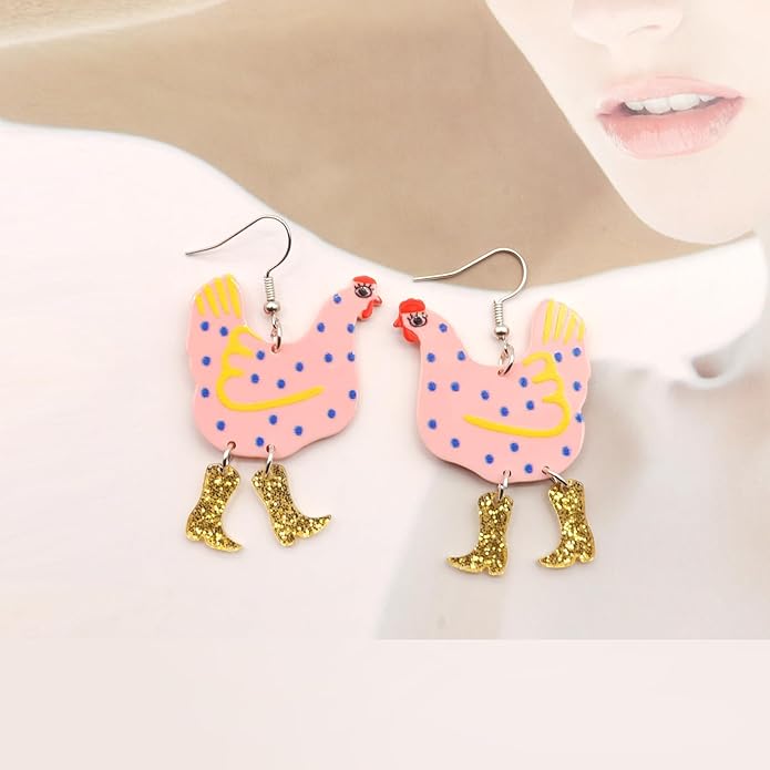 Acrylic Boot Big Chicken Earrings,Funny Colorful Boots Chicken Drop Dangle Earrings,Cock Hen Foot Chicken Earrings for Women Farm Design Lovely Gift