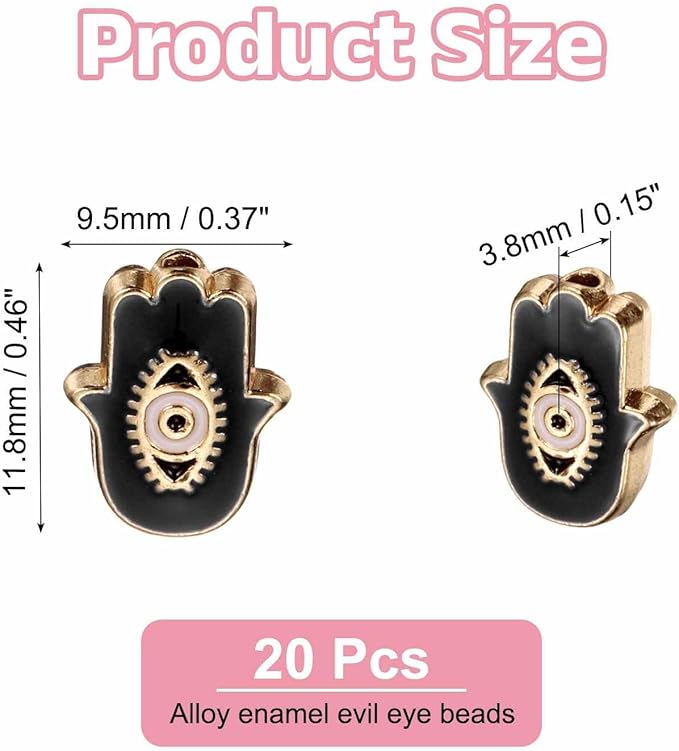 MECCANIXITY 20 Pcs Hand Evil Eye Beads Colorful Flat Loose Spacer Evil Eye Charms for DIY Bracelet Earrings Necklace Crafts Jewelry Making, Black