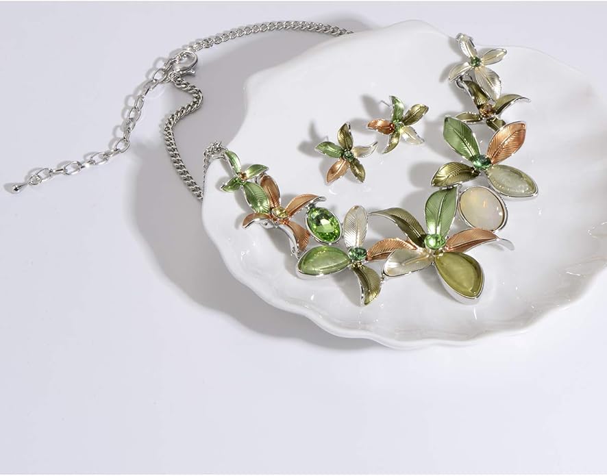 AMYJANE Vintage Statement Jewelry Set - Spring Leaf Flower Floral Plant Necklace Earring Set Crystal Rhinestone Fashion Costume Jewelry for Women Prom Party Unique Gift