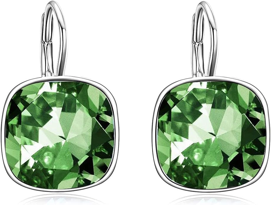 AOBOCO Sterling Silver Leverback Earrings Embellished with Crystals from Austria, Hypoallergenic Cushion Cut Square Crystal Earrings, Fine Anniversary Birthday Jewelry Gifts for Women