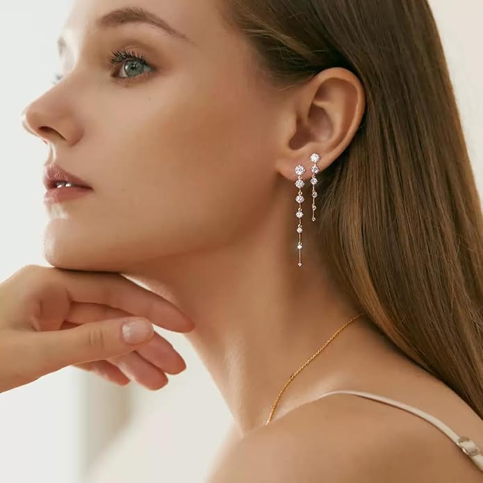 14K Gold Plated Dangle Earrings for Women Dainty Silver Drop Earring Trendy Small Long Dangling Wedding Bridesmaid Hoop Diamond Crystal Cute Earring Jewelry Valentine Gifts