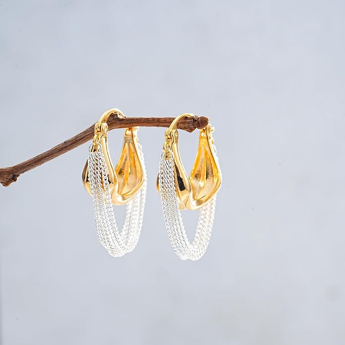 Two-Tone Tassel Chain Huggie Hoop Earrings for Women Mix Metal 18K Gold Plated Small Chunky Statement Earrings Gold Silver Dangle Drop Hip Hop Punk Hoop Earrings