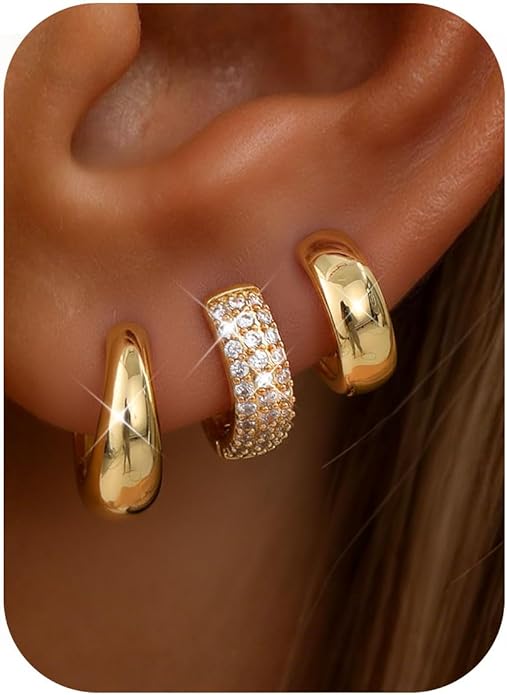 MILACOLATO 3 Pairs Small 14K Gold Plated Hoop Earrings for Women Trendy Hypoallergenic Silver Earring Stacks Huggie Hoops Earring Sets for Multiple Piercing Chunky Double Hoop Jewelry Lightweight