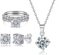 Gemlux 14K Gold Four-Prong Moissanite Ring Stud Earrings Necklace Set, Women's Luxury Three-Piece Jewelry Set, Classic Diamond-Inspired Jewelry